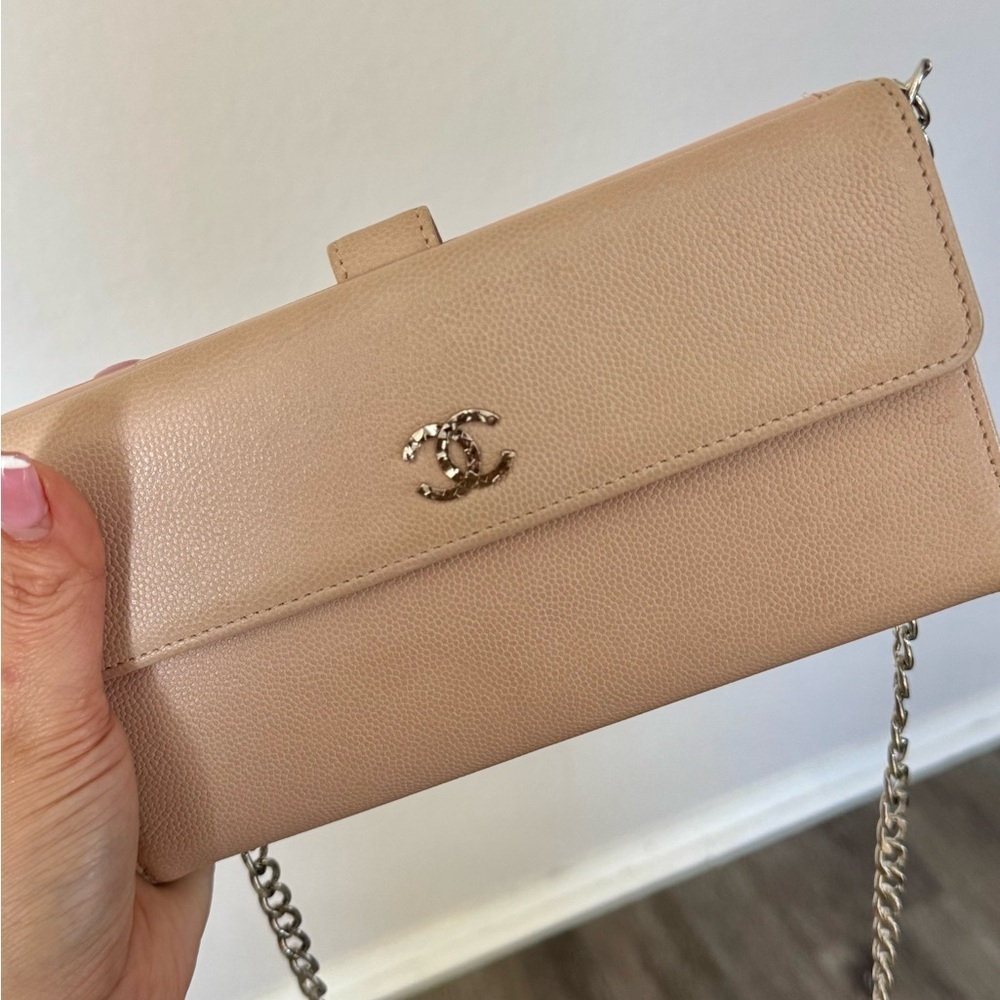 Authentic Chanel Coco Mark Sevruga Caviar Skin Flap Long Wallet On Chain Pink - Picture 12 of 16